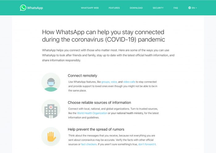 WhatsApp lancia il WhatsApp Coronavirus Information Hub. In Italia chiamate e messaggi +20%