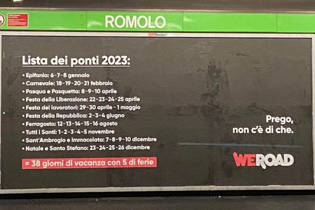 WeRoad elenca i ponti del 2023 con una campagna ooh a Milano
